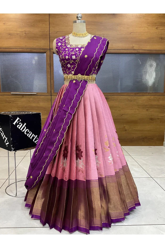 Women's Woven Design zari work Half Saree with Embroidered Blouse and Fabcartz Women's Woven Design zari work Half Saree with Embroidered Blouse and Fabcartz