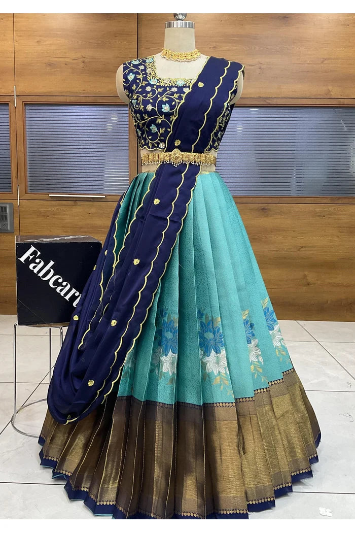 Komal Women's Woven Design zari work Half Saree with Embroidered Blouse and Dupatta