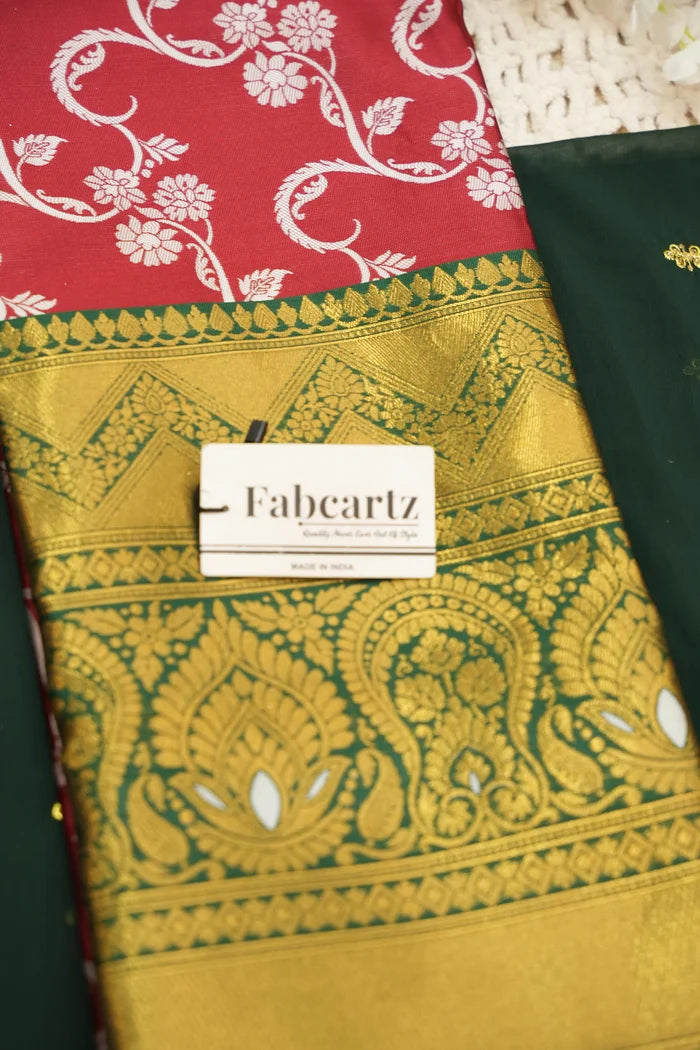 HemaValli Women's Woven Design zari work Half Saree with Embroidered Blouse and Dupatta