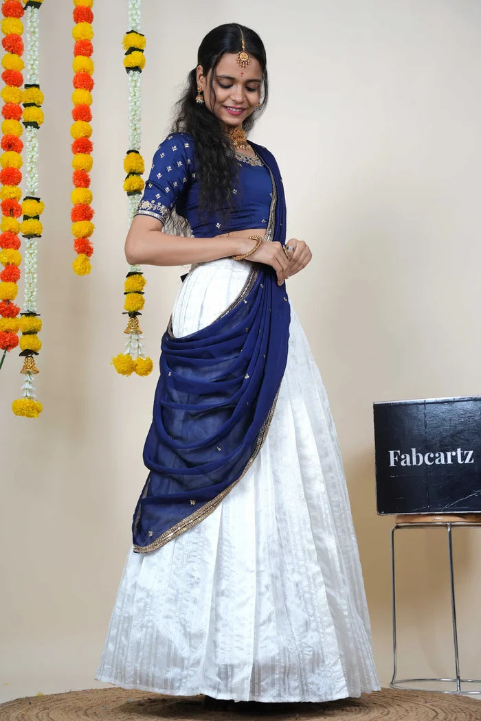 Women's Softy Silk zari work Half Saree with Embroidered Blouse and Dupatta (Cotton Kiara)