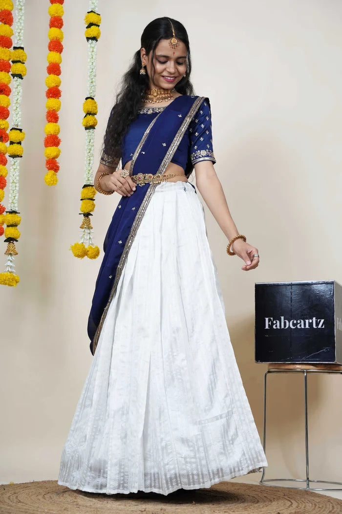 Women's Softy Silk zari work Half Saree with Embroidered Blouse and Dupatta (Cotton Kiara)