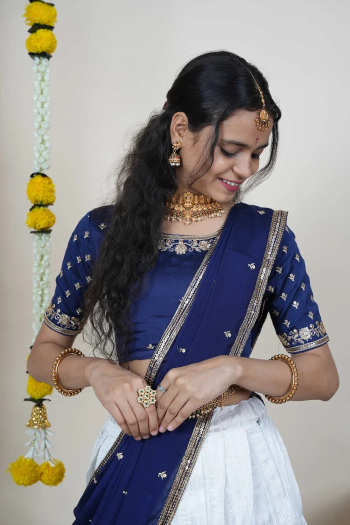 Women's Softy Silk zari work Half Saree with Embroidered Blouse and Dupatta (Cotton Kiara)