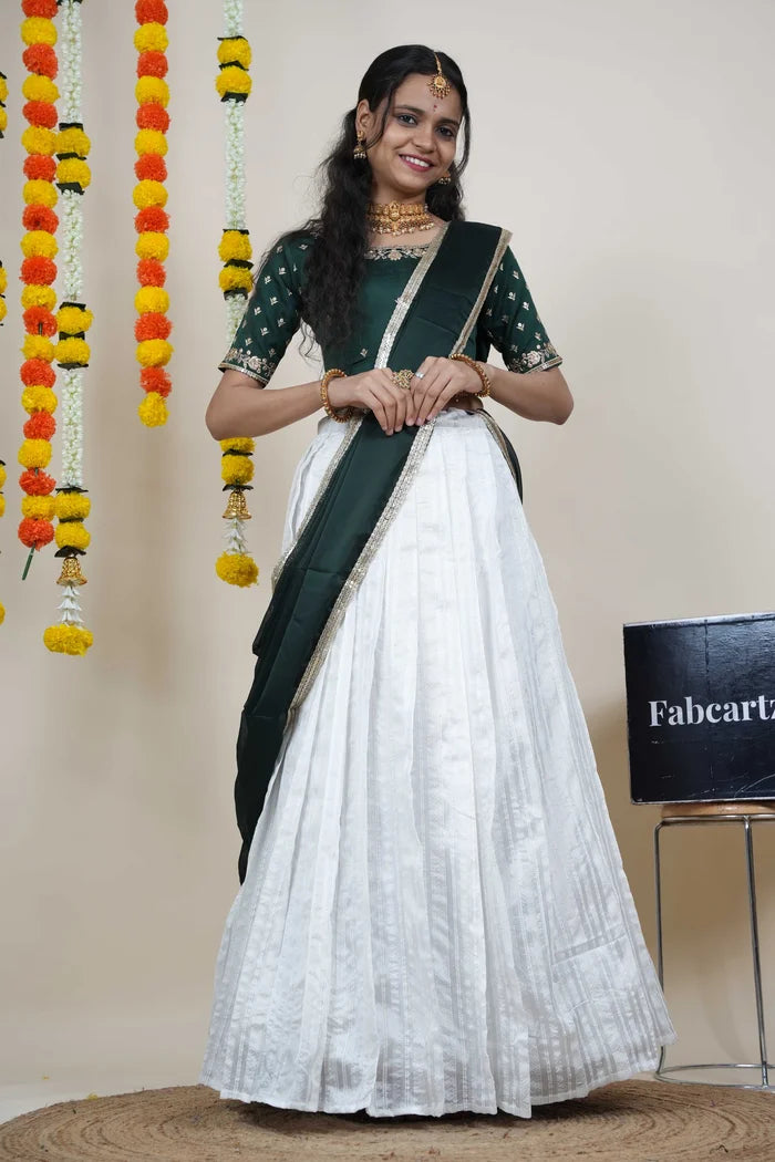 Women's Softy Silk zari work Half Saree with Embroidered Blouse and Dupatta (Cotton Kiara)