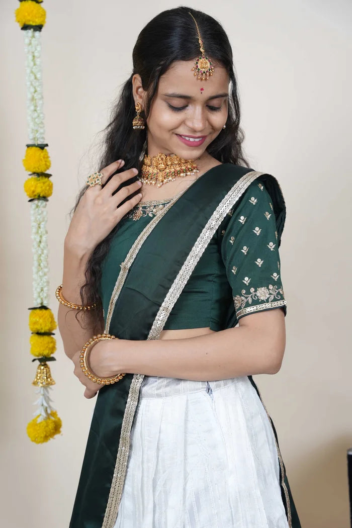 Women's Softy Silk zari work Half Saree with Embroidered Blouse and Dupatta (Cotton Kiara)