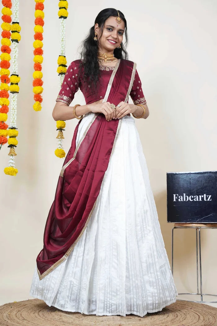 Women's Softy Silk zari work Half Saree with Embroidered Blouse and Dupatta (Cotton Kiara)