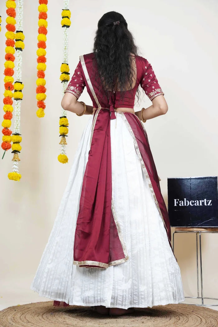 Women's Softy Silk zari work Half Saree with Embroidered Blouse and Dupatta (Cotton Kiara)