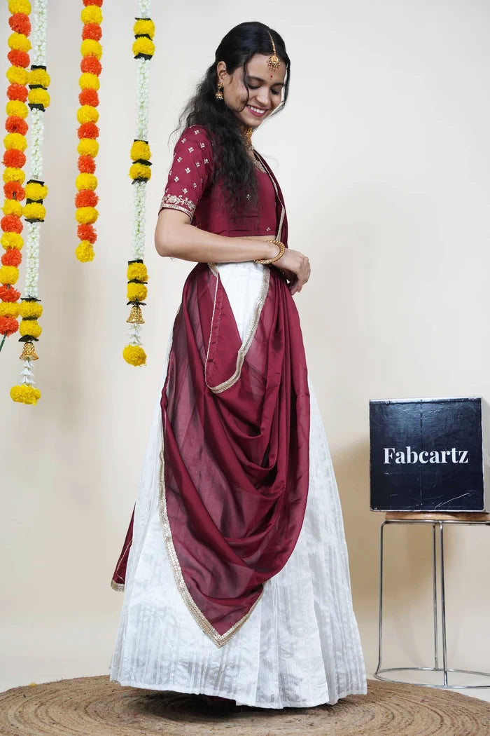 Women's Softy Silk zari work Half Saree with Embroidered Blouse and Dupatta (Cotton Kiara)