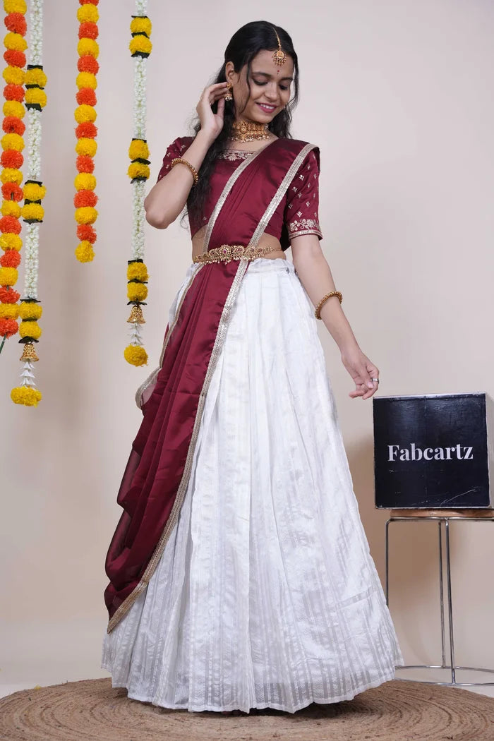 Women's Softy Silk zari work Half Saree with Embroidered Blouse and Dupatta (Cotton Kiara)