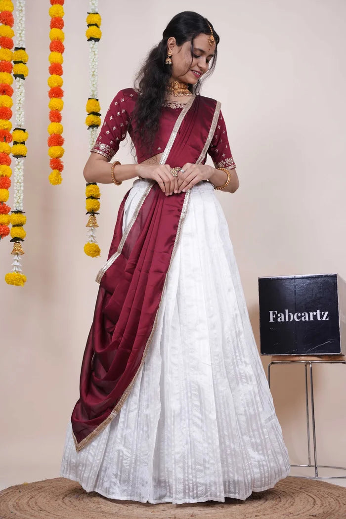Women's Softy Silk zari work Half Saree with Embroidered Blouse and Dupatta (Cotton Kiara)
