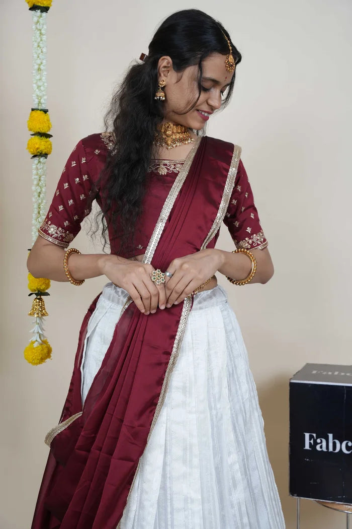 Women's Softy Silk zari work Half Saree with Embroidered Blouse and Dupatta (Cotton Kiara)