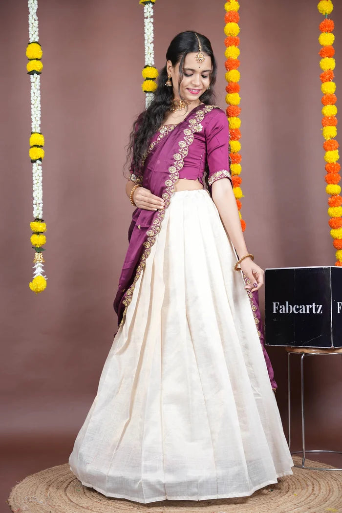 Amalkaya KV South Indian Festival Traditional Half Saree with Embroidered Blouse & Dupatta
