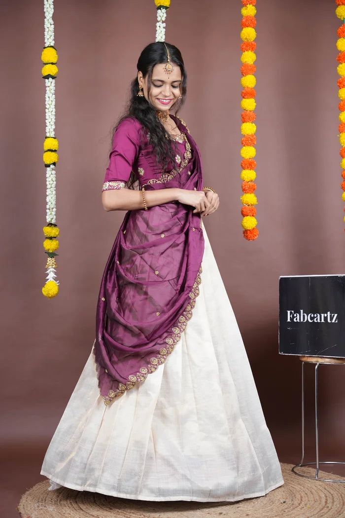 Amalkaya KV South Indian Festival Traditional Half Saree with Embroidered Blouse & Dupatta