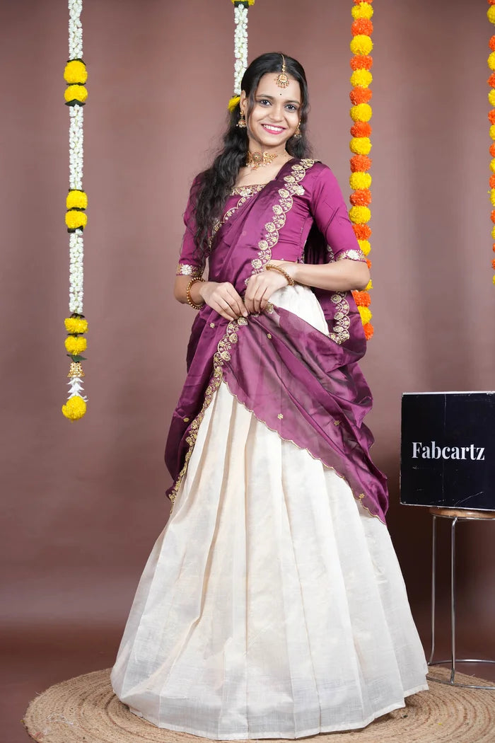 Amalkaya KV South Indian Festival Traditional Half Saree with Embroidered Blouse & Dupatta