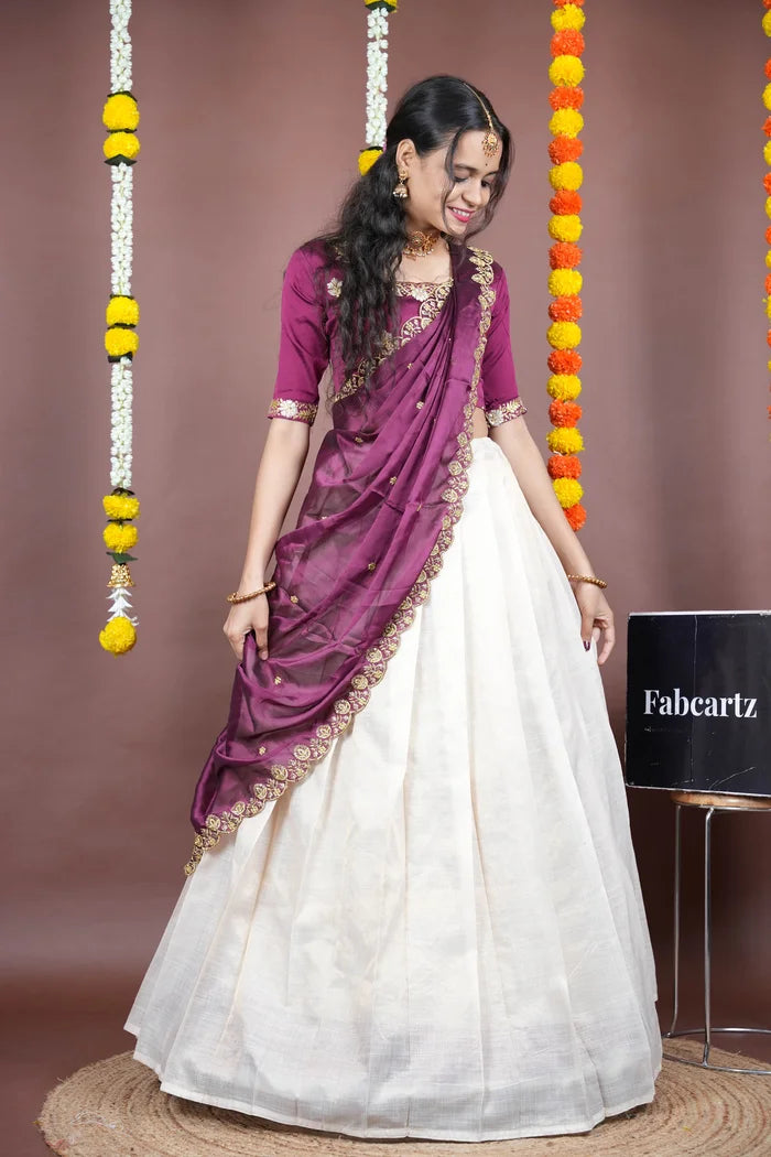 Amalkaya KV South Indian Festival Traditional Half Saree with Embroidered Blouse & Dupatta