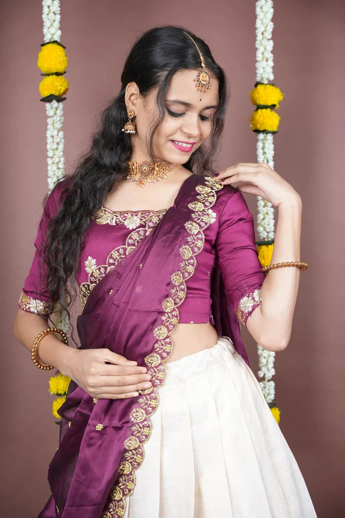 Amalkaya KV South Indian Festival Traditional Half Saree with Embroidered Blouse & Dupatta