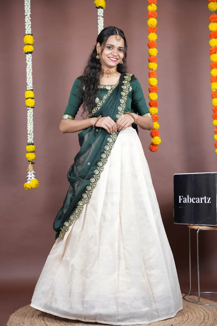 Amalkaya KV South Indian Festival Traditional Half Saree with Embroidered Blouse & Dupatta