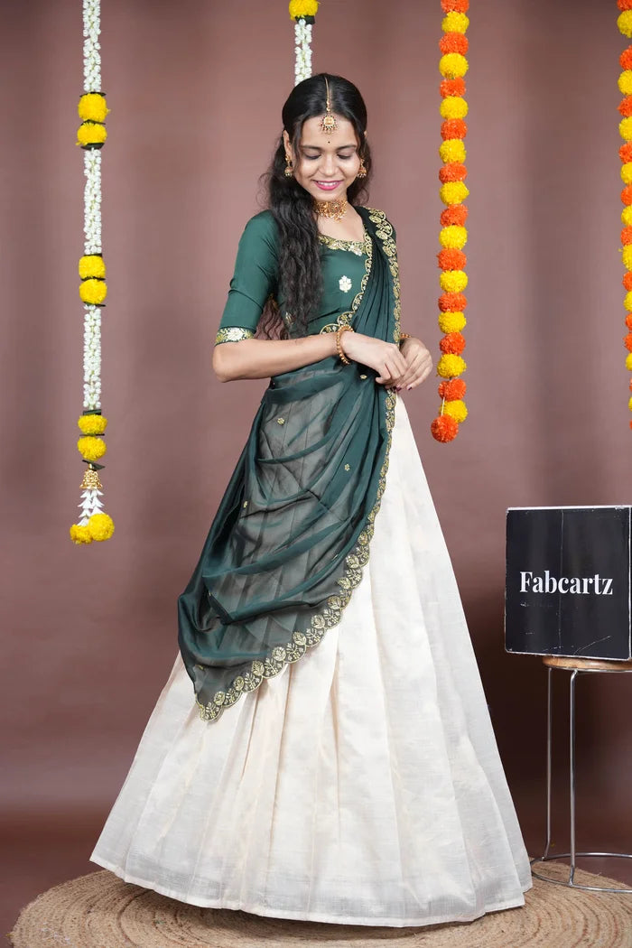 Amalkaya KV South Indian Festival Traditional Half Saree with Embroidered Blouse & Dupatta
