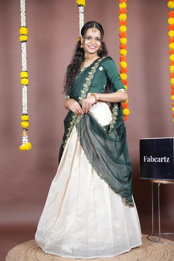 Amalkaya KV South Indian Festival Traditional Half Saree with Embroidered Blouse & Dupatta