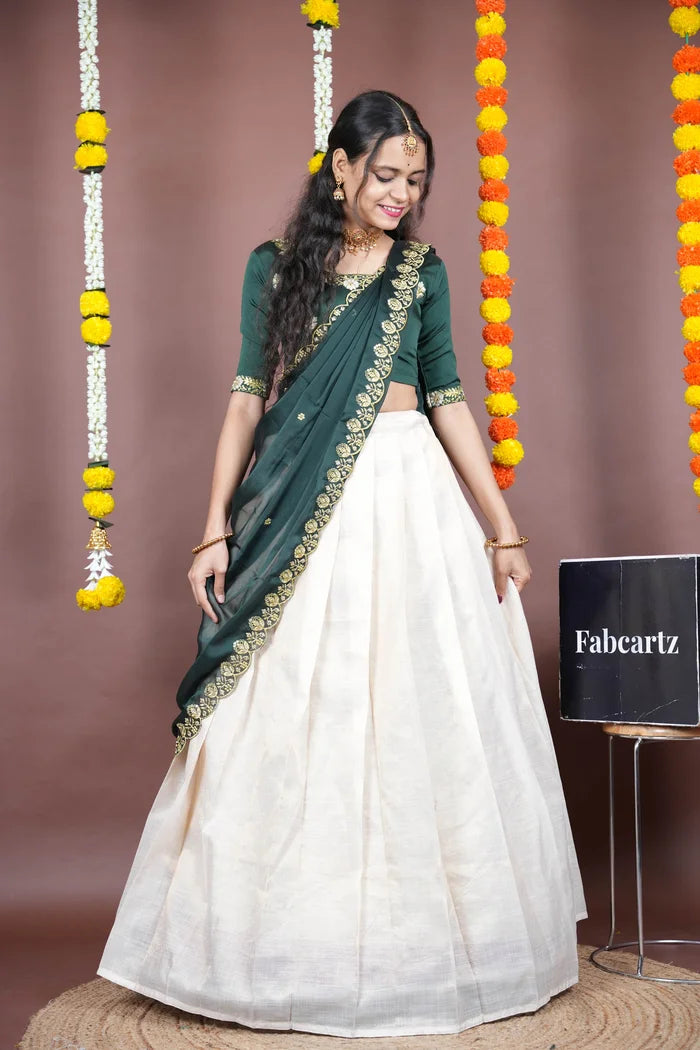 Amalkaya KV South Indian Festival Traditional Half Saree with Embroidered Blouse & Dupatta