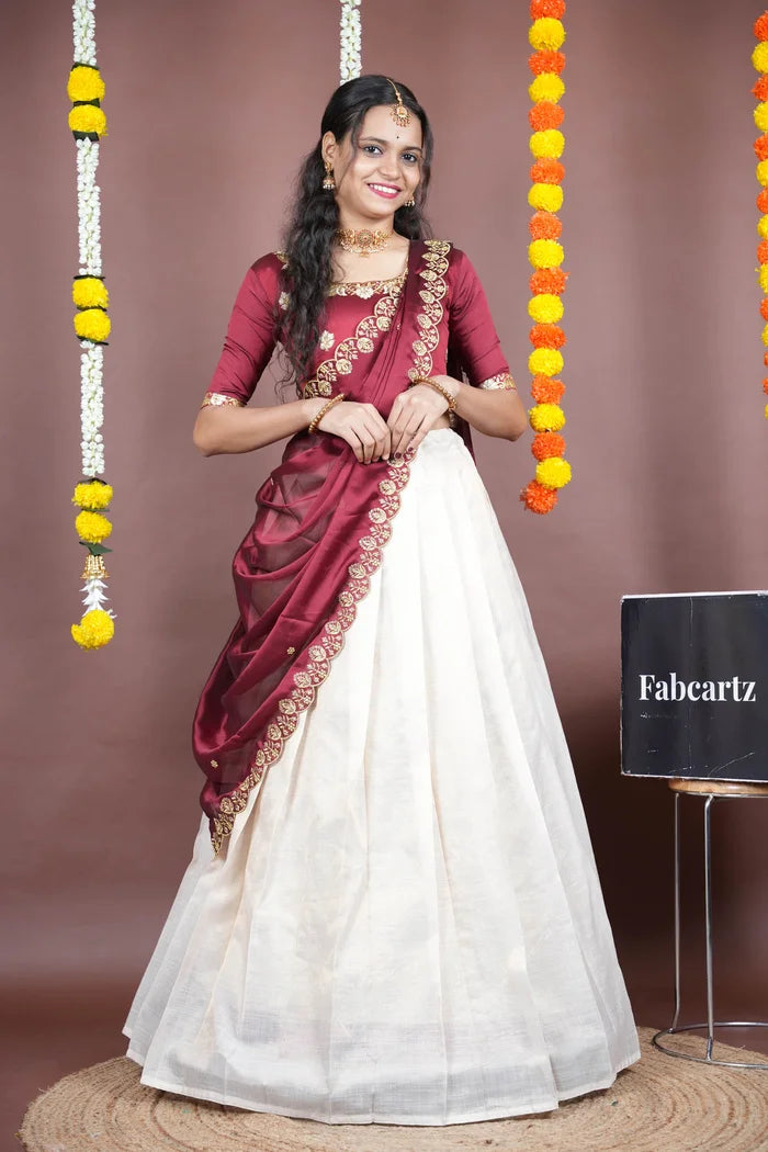 Amalkaya KV South Indian Festival Traditional Half Saree with Embroidered Blouse & Dupatta
