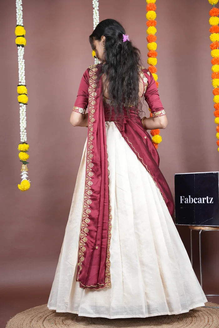 Amalkaya KV South Indian Festival Traditional Half Saree with Embroidered Blouse & Dupatta