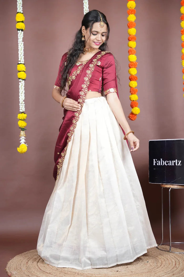 Amalkaya KV South Indian Festival Traditional Half Saree with Embroidered Blouse & Dupatta