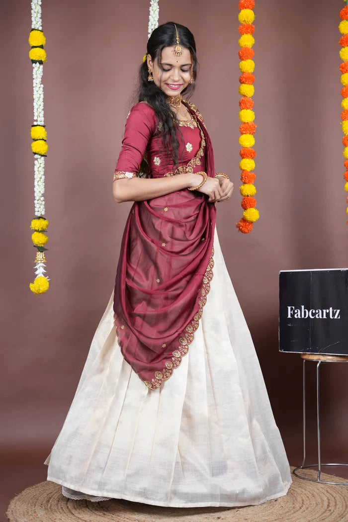Amalkaya KV South Indian Festival Traditional Half Saree with Embroidered Blouse & Dupatta