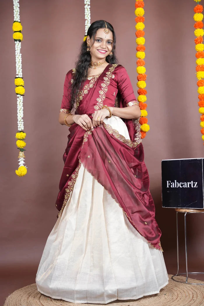 Amalkaya KV South Indian Festival Traditional Half Saree with Embroidered Blouse & Dupatta