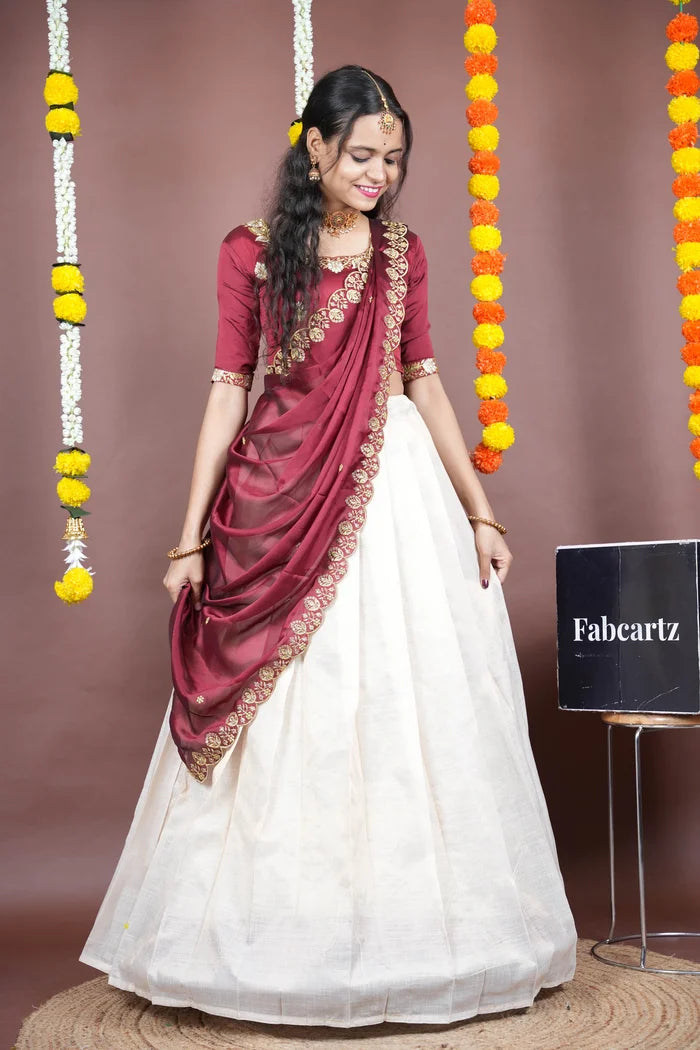 Amalkaya KV South Indian Festival Traditional Half Saree with Embroidered Blouse & Dupatta