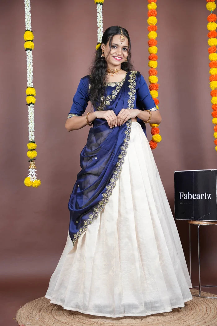 Amalkaya KV South Indian Festival Traditional Half Saree with Embroidered Blouse & Dupatta