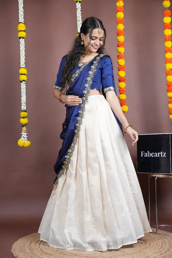 Amalkaya KV South Indian Festival Traditional Half Saree with Embroidered Blouse & Dupatta