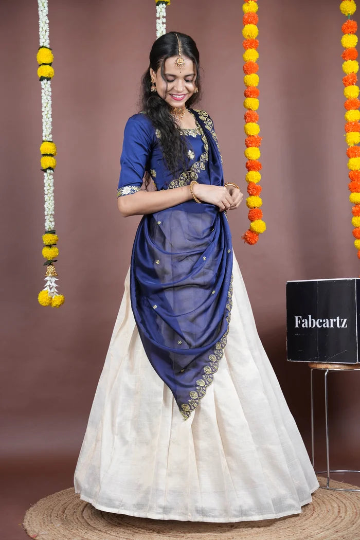 Amalkaya KV South Indian Festival Traditional Half Saree with Embroidered Blouse & Dupatta