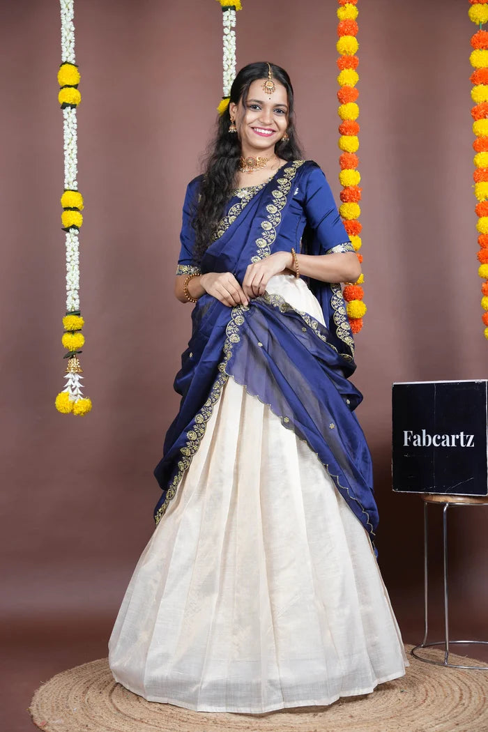 Amalkaya KV South Indian Festival Traditional Half Saree with Embroidered Blouse & Dupatta