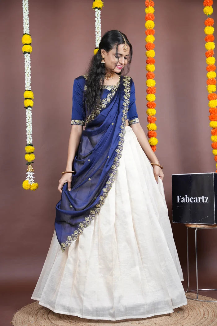 Amalkaya KV South Indian Festival Traditional Half Saree with Embroidered Blouse & Dupatta