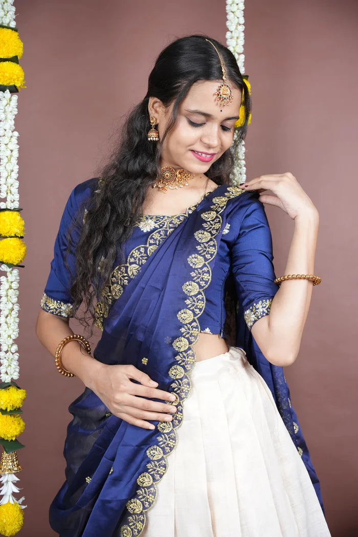 Amalkaya KV South Indian Festival Traditional Half Saree with Embroidered Blouse & Dupatta
