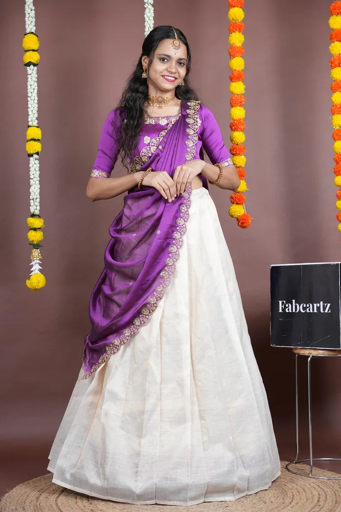 Amalkaya KV South Indian Festival Traditional Half Saree with Embroidered Blouse & Dupatta