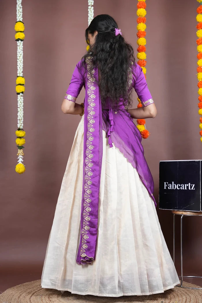 Amalkaya KV South Indian Festival Traditional Half Saree with Embroidered Blouse & Dupatta