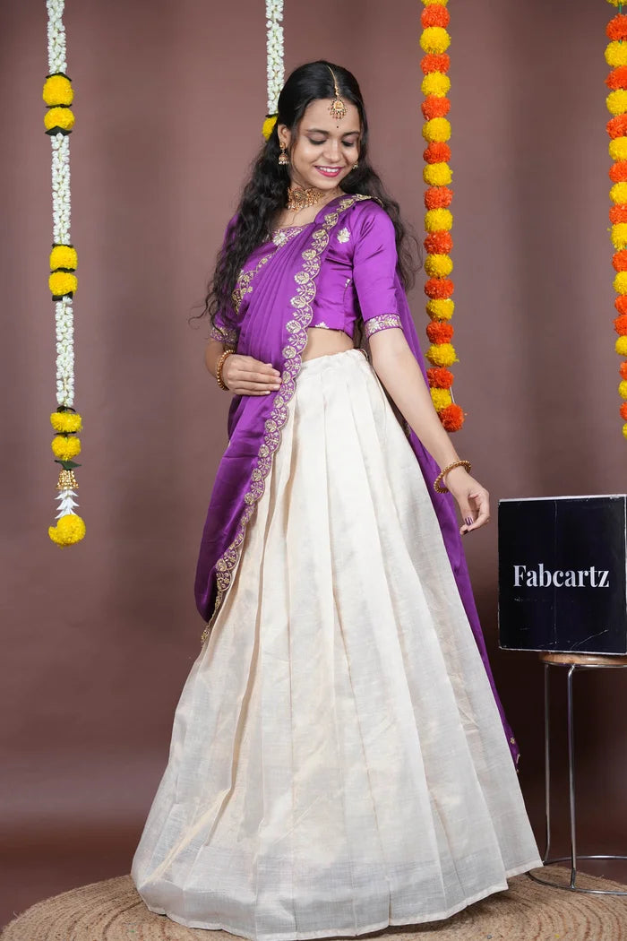 Amalkaya KV South Indian Festival Traditional Half Saree with Embroidered Blouse & Dupatta