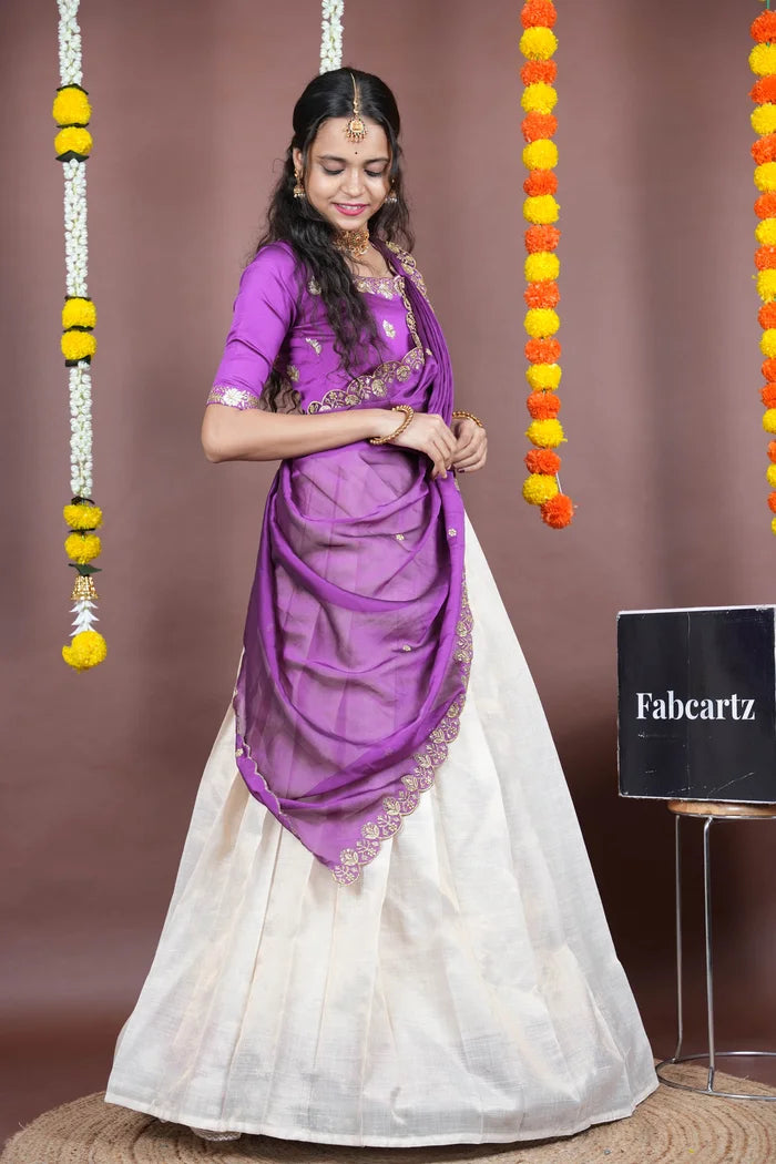 Amalkaya KV South Indian Festival Traditional Half Saree with Embroidered Blouse & Dupatta