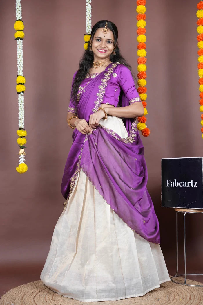 Amalkaya KV South Indian Festival Traditional Half Saree with Embroidered Blouse & Dupatta