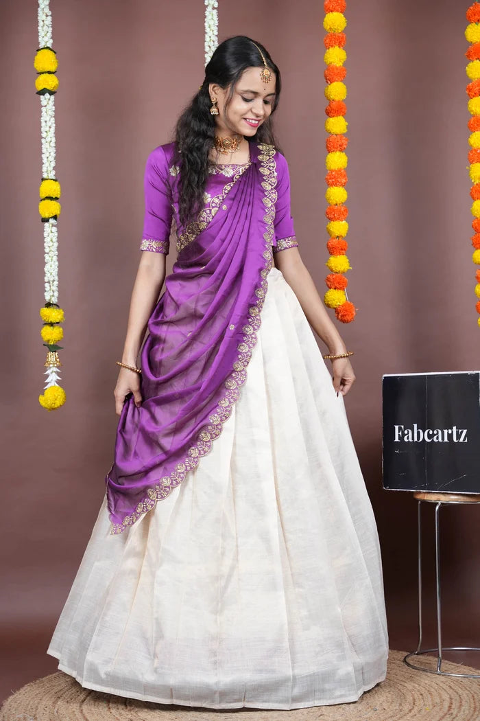 Amalkaya KV South Indian Festival Traditional Half Saree with Embroidered Blouse & Dupatta
