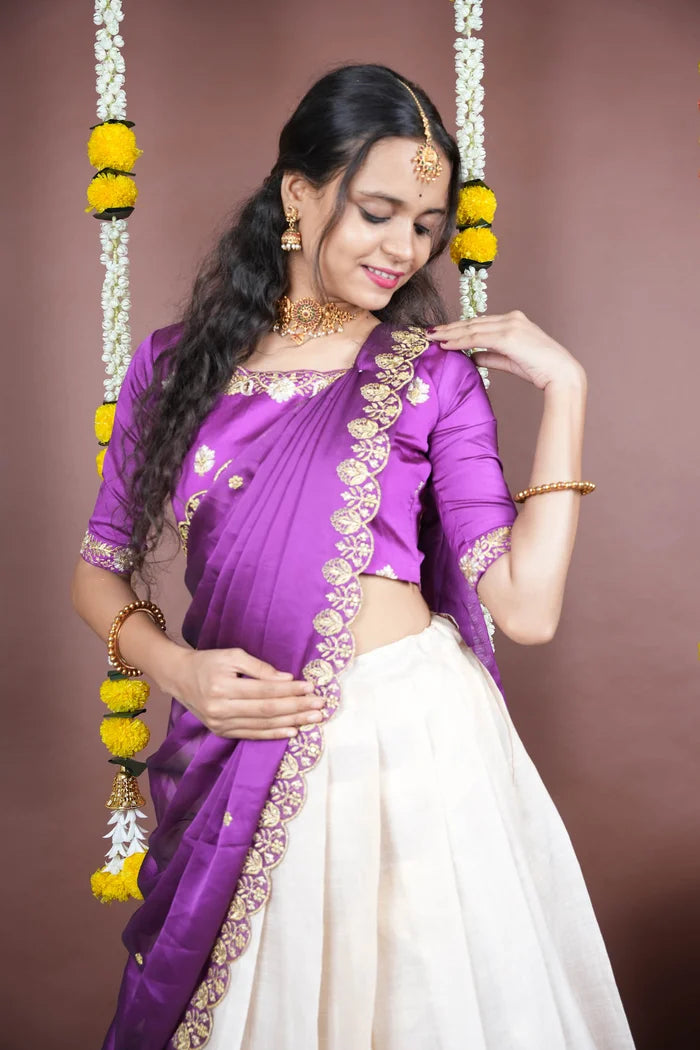 Amalkaya KV South Indian Festival Traditional Half Saree with Embroidered Blouse & Dupatta