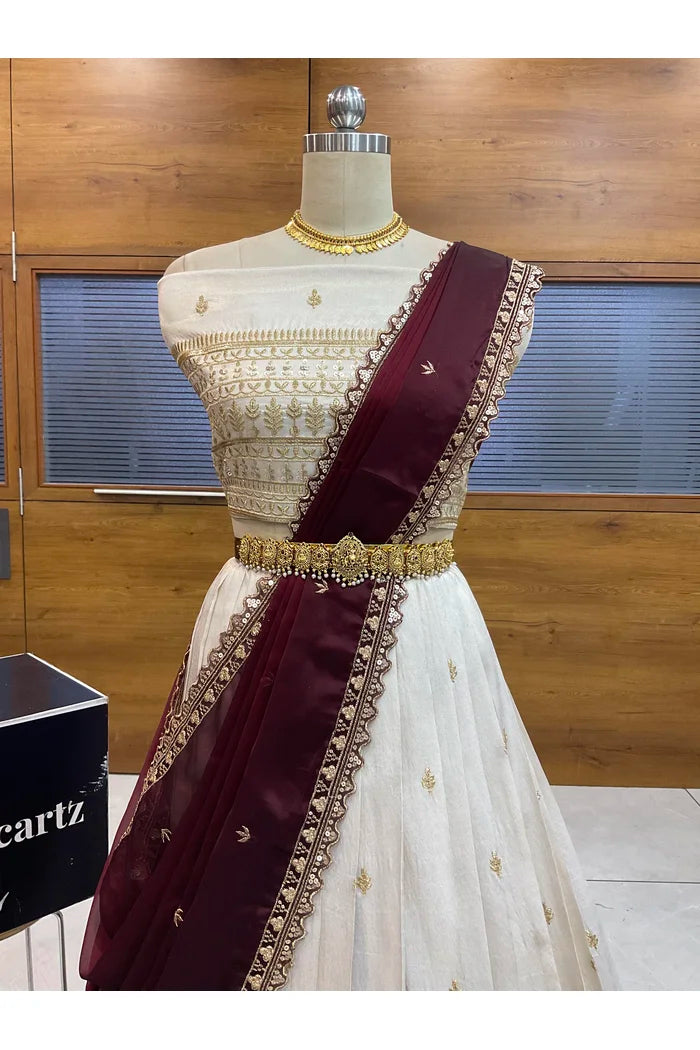 Aarohi Women's Woven Design Half Saree with Blouse and Dupatta