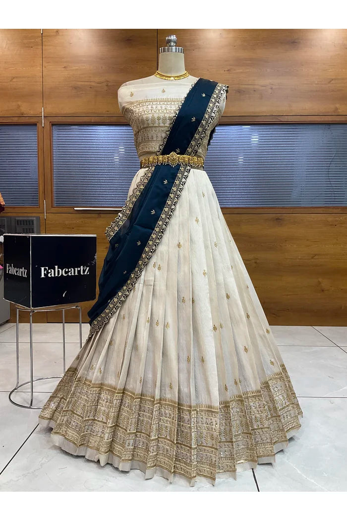 Aarohi Women's Woven Design Half Saree with Blouse and Dupatta