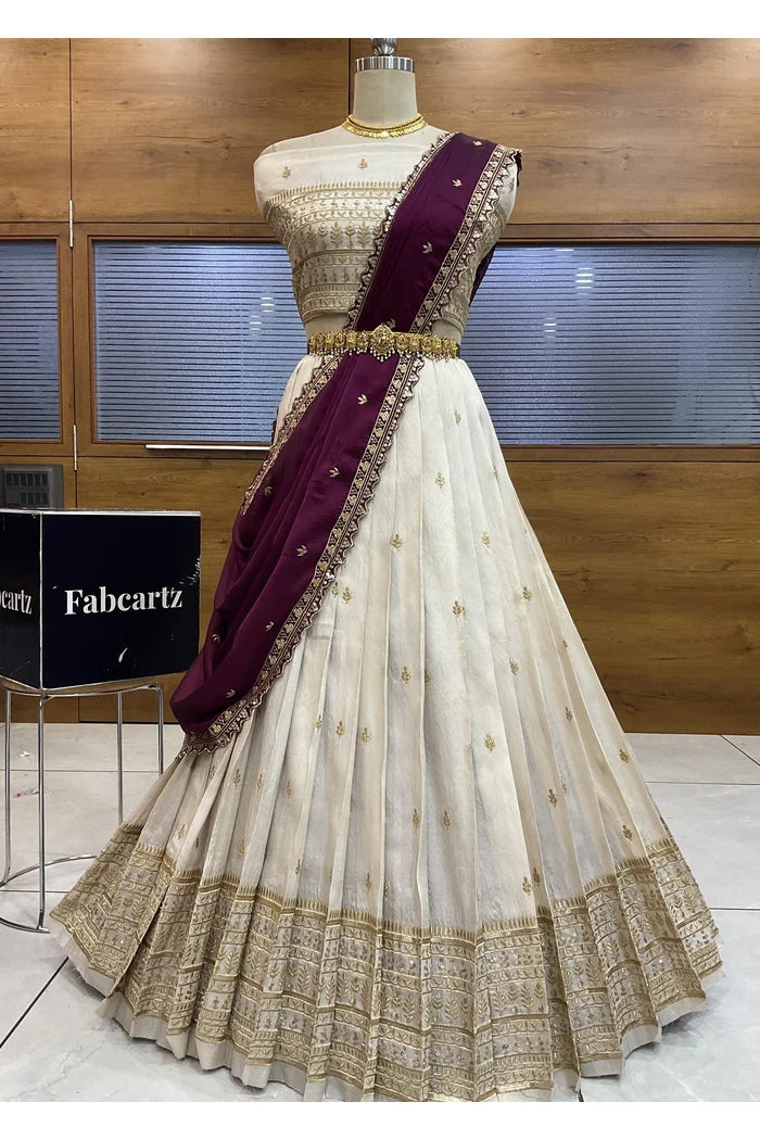 Aarohi Women's Woven Design Half Saree with Blouse and Dupatta