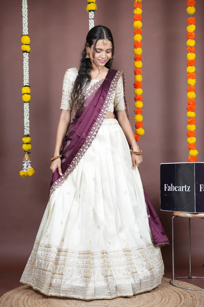 Aarohi kv Women's Woven Design Half Saree with Blouse and Dupatta