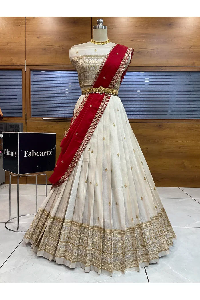 Aarohi Women's Woven Design Half Saree with Blouse and Dupatta