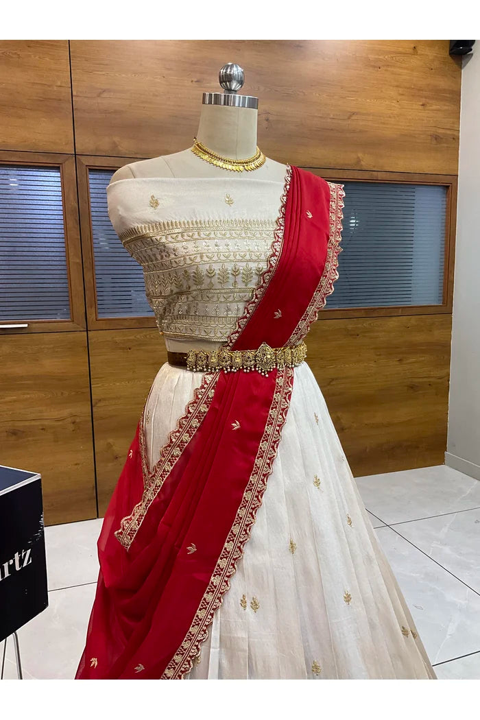 Aarohi Women's Woven Design Half Saree with Blouse and Dupatta
