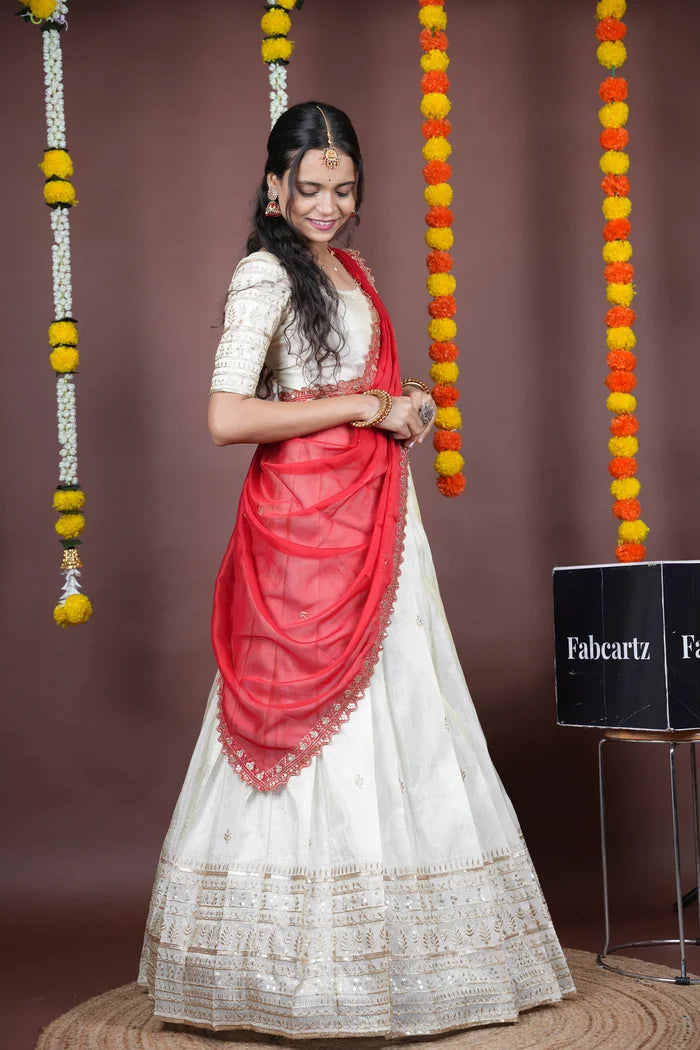 Aarohi kv Women's Woven Design Half Saree with Blouse and Dupatta