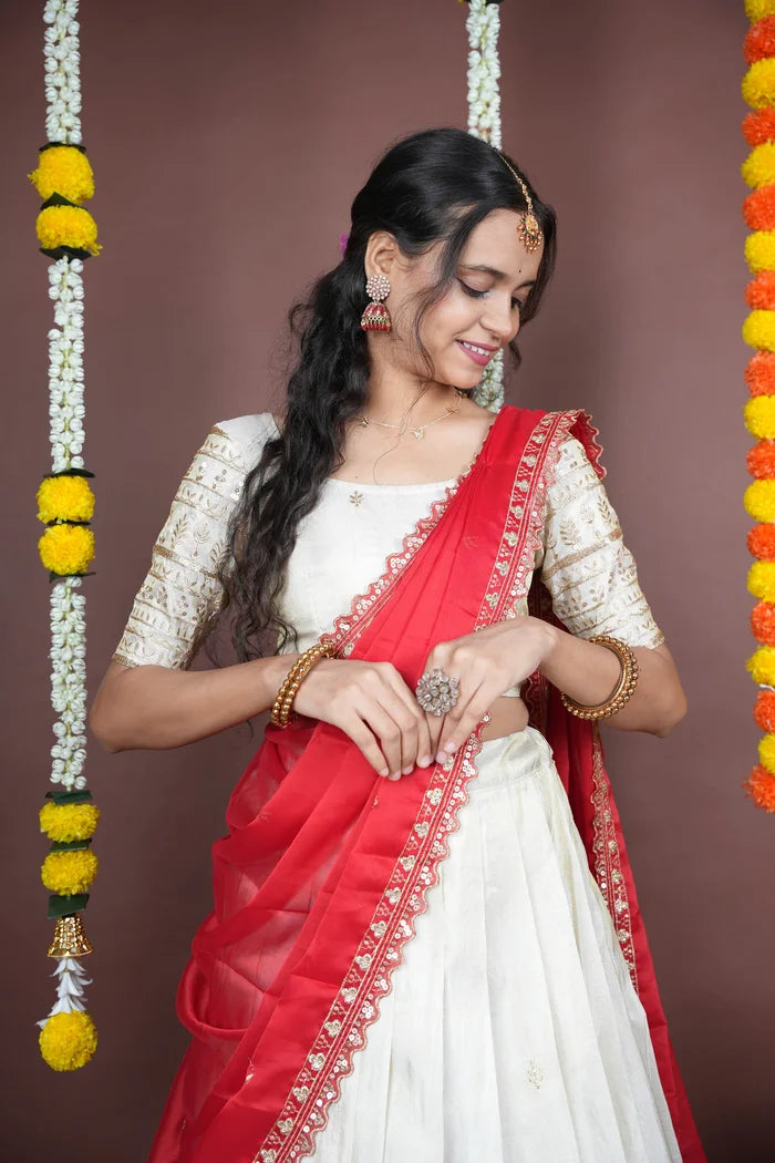 Aarohi kv Women's Woven Design Half Saree with Blouse and Dupatta